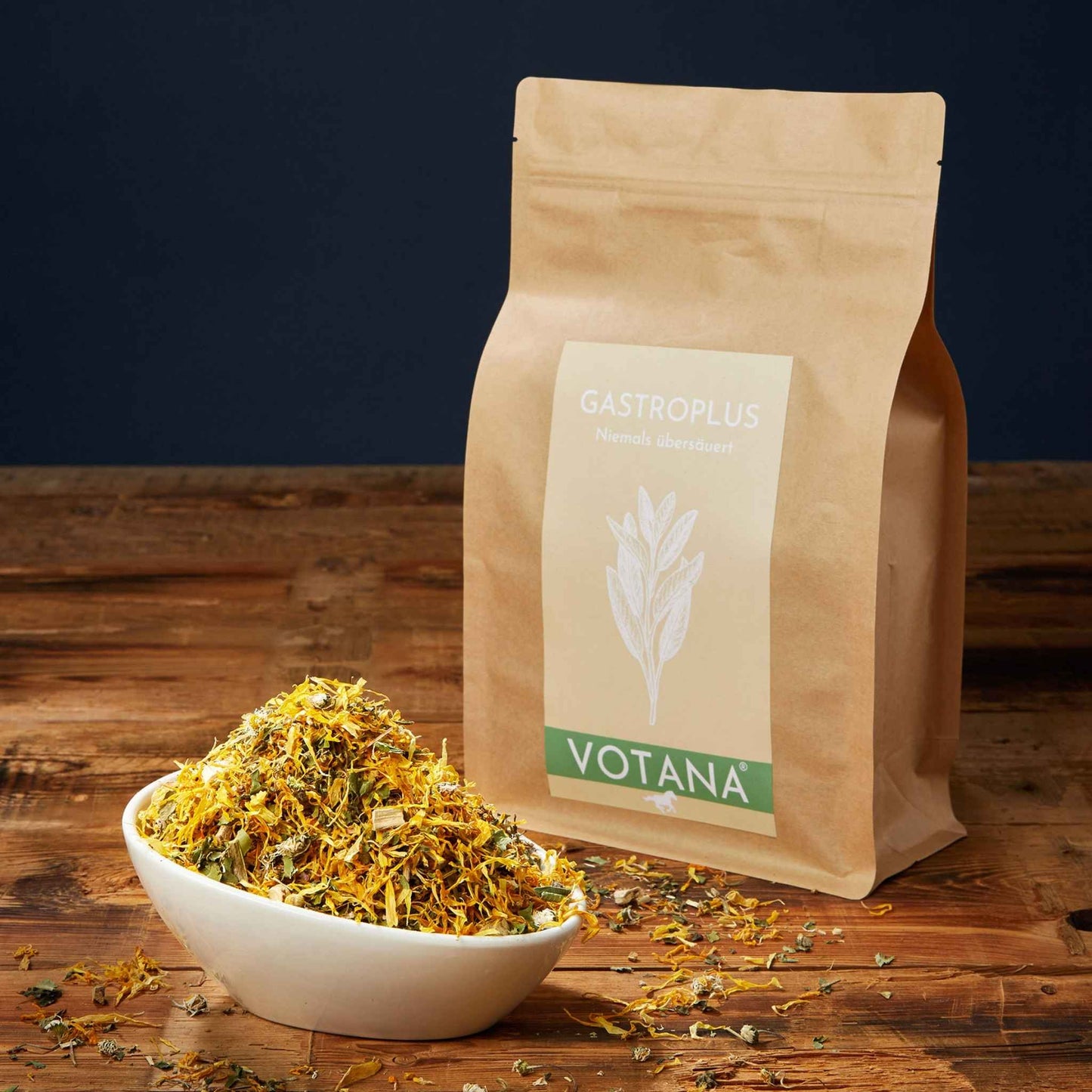 VOTANA GASTROPLUS 500g Packung mit Kräutermischung in Schale - Schleimstoffe für Magenunterstützung