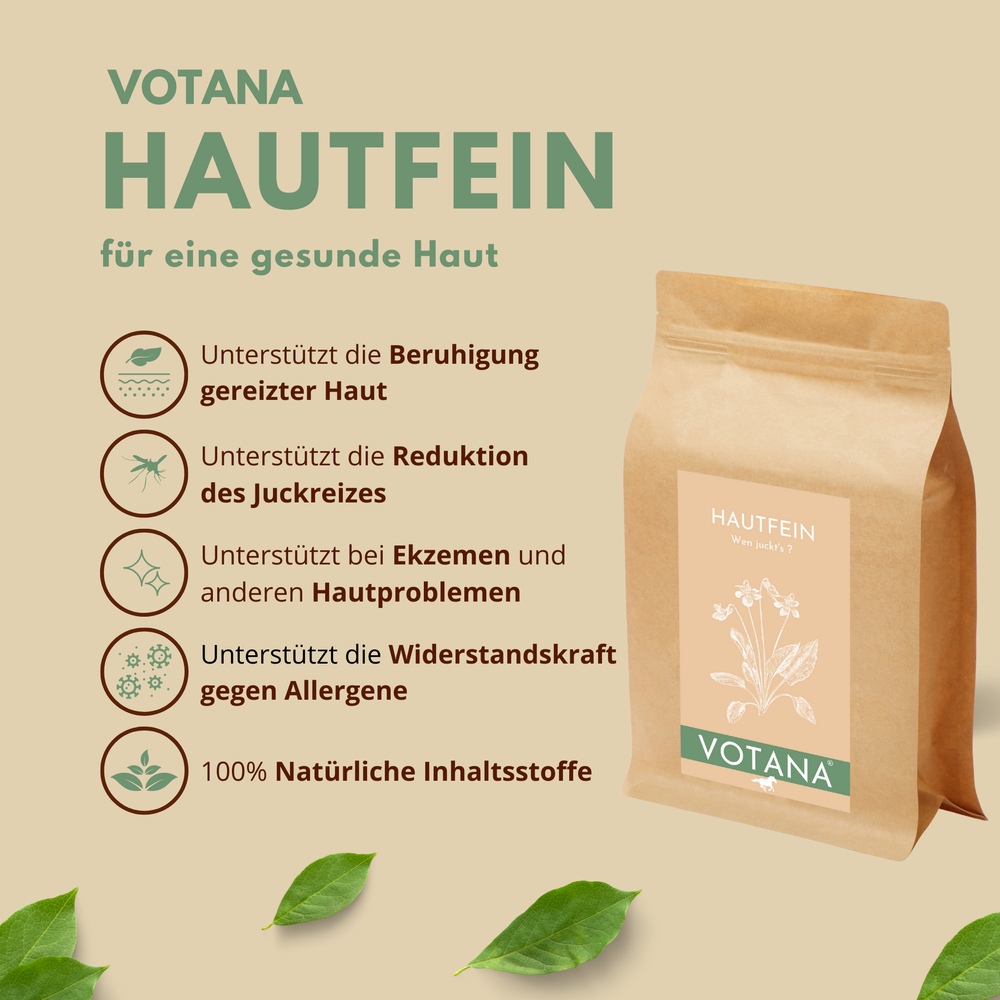 
                  
                    Wirkung von VOTANA HAUTFEIN – Beruhigung der Haut, Stärkung der Hautbarriere, Reduktion von Juckreiz, Ekzeme, Hautprobleme, Widerstandskraft gegen Allergene, natürliche Inhaltsstoffe, Sommerekzem
                  
                