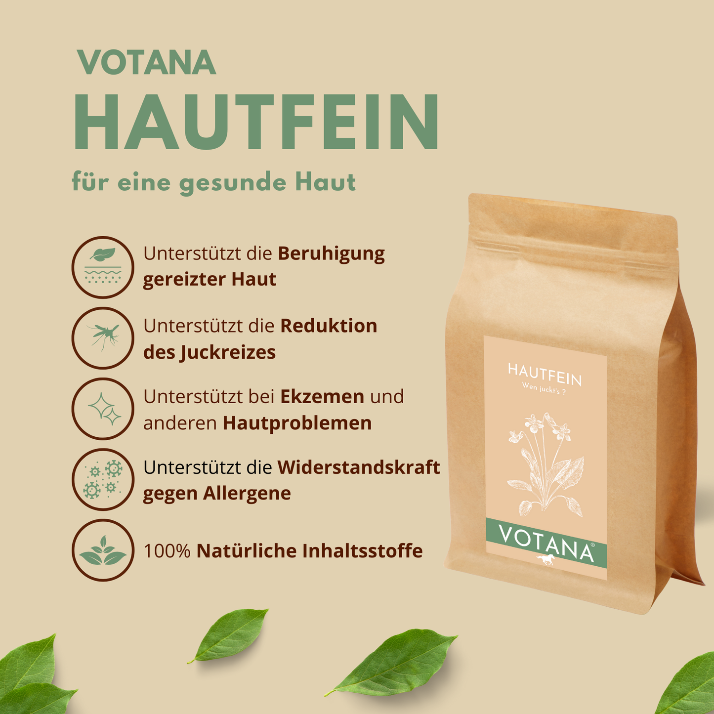 
                  
                    Wirkung von VOTANA HAUTFEIN – Beruhigung der Haut, Stärkung der Hautbarriere, Reduktion von Juckreiz, Ekzeme, Hautprobleme, Widerstandskraft gegen Allergene, natürliche Inhaltsstoffe, Sommerekzem
                  
                