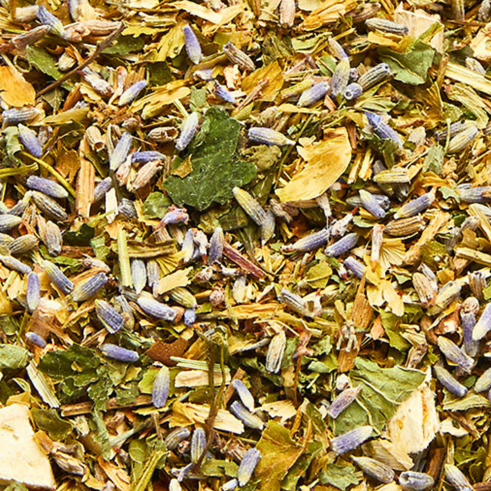 
                  
                    Detailaufnahme der Kräutermischung NERVENSTARK mit sichtbarem Lavendel, Baldrian, Hopfen, Weißdorn, Eibisch, Mädesüß, Eisenkraut und Melisse
                  
                