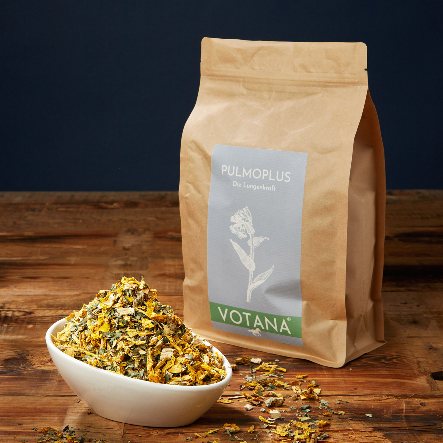 VOTANA PULMOPLUS 500g Packung mit Kräutermischung in Schale - Schleimstoffe und Kieselsäure für Atemwegsunterstützung
